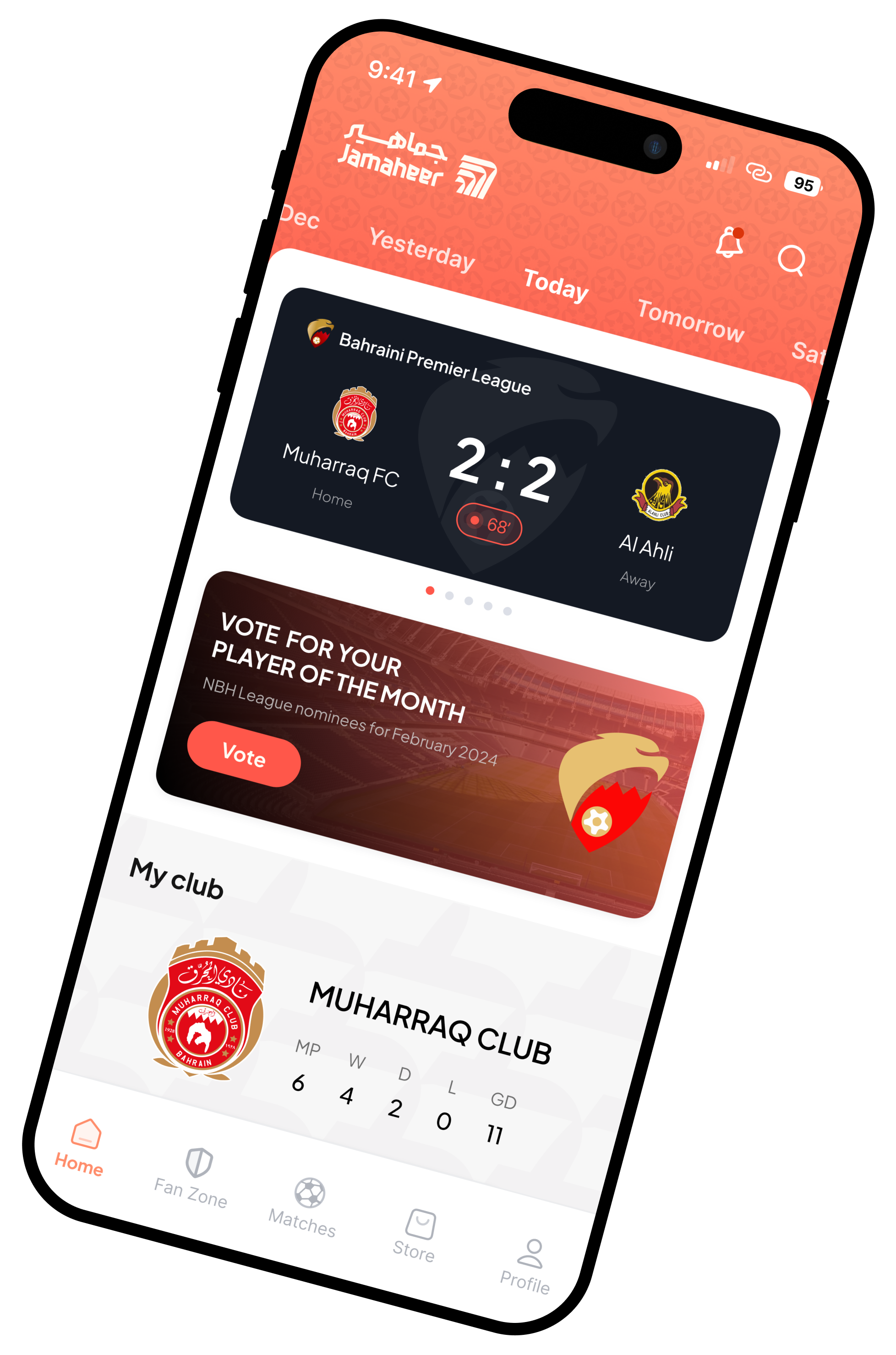 Jamaheer app showing live Bahraini Premier League updates